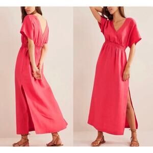 Boden Coral Sunset Linen Kaftan Maxi Dress Pink Smocked Waist Boho XS